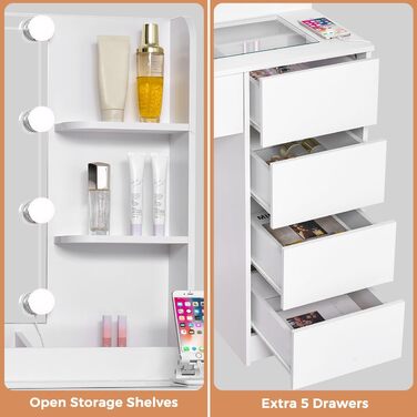 Трюмо з LED-підсвічуванням та пуфом ANWBROAD BDT74W, з дзеркалом, розетками та 5 шухлядами, сучасний білий колір