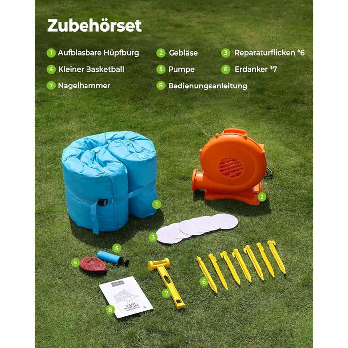 Надувний замок для дітей великий, з гіркою, синього кольору, з насосом 450W (для дому та вулиці)