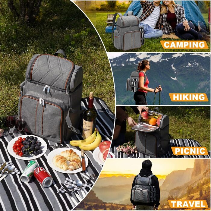 Набір для пікніка на 4 особи: рюкзак, корзина, сумка-холодильник, ковдра, для кемпінгу, парку (сірий)
