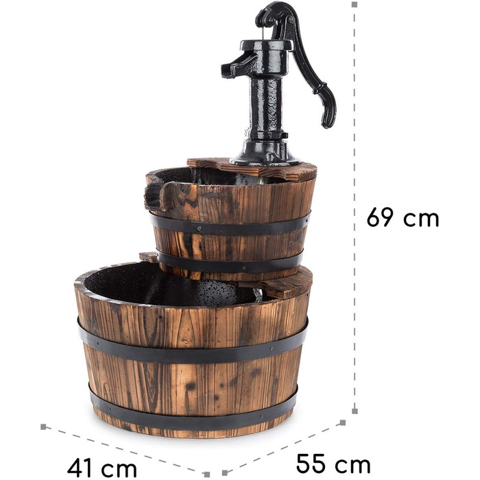 Каскадний фонтан blumfeldt Cascada Doble - декоративний фонтан, 2-ярусні дерев'яні бочки, насос 12 Вт, вхід води не потрібен, діжки з ялинового дерева, чавунний ручний насос, коричневий