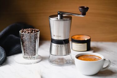 Ручна кавомолка з 8 ступенів помелу – кавомолка з нержавіючої сталі з керамічним жорном для еспресо, фільтра та френч-прес – велика ручна кавомолка для дому та офісу, срібна, кераміка