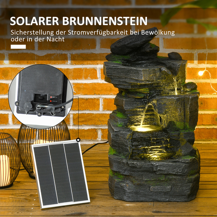 Сонячний фонтан Outsunny з LED-підсвічуванням для вулиці 34 x 28 x 57 см, стійкий до погодних умов та екологічний, 4 ступені циркуляції води, штучний камінь сірого кольору