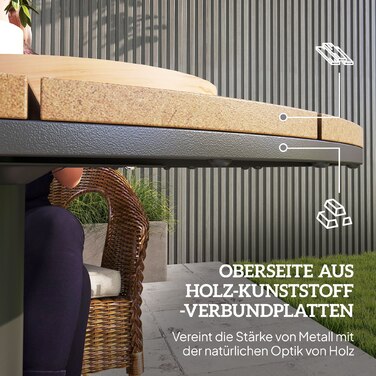Outsunny Garden Table Ø70 см, Стійкий до погодних умов круглий балконний стіл з планкою, Сталевий обідній стіл на відкритому повітрі, Столик для кемпінгу Журнальний столик, Патіо Стіл для саду Патіо Балкон з натурального дерева