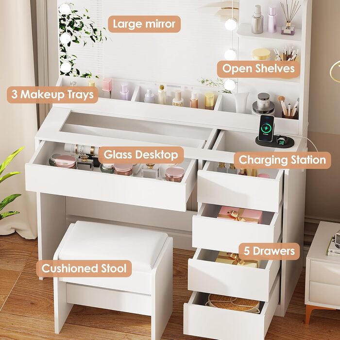 Трюмо з LED-підсвічуванням та пуфом ANWBROAD BDT74W, з дзеркалом, розетками та 5 шухлядами, сучасний білий колір