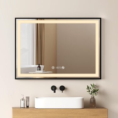 Дзеркало для ванної кімнати EMKE з підсвіткою 70x50 см, чорне, з сенсорним керуванням, регулюванням яскравості, протитуманним покриттям, годинником, функцією пам'яті та нейтральним світлом 4300K, енергозберігаюче, вологостійке (IP44)