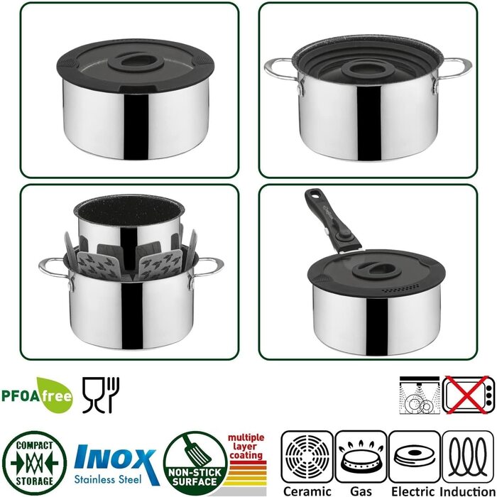 Набір посуду для кемпінгу з нержавіючої сталі з антипригарним покриттям - ø 20/22 см (4/5/7 шт.) - Academy NG - Електрична/газова/індукційна - Легка та компактна