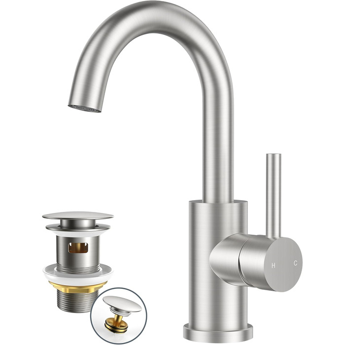 Змішувач для ванної кімнати/кухні FORIOUS Hoch 360° з нержавіючої сталі, з підйомом 175 мм, з підключенням до гарячої та холодної води, для мийки, для дому та кемпінгу