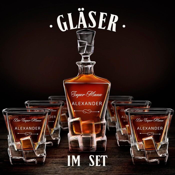 Мавертон Карафа для віскі 950 мл + Набір з 6 склянок для віскі з гравіюванням - Декантер для віскі - Подарунок на Різдво - Люксовий дизайн - Крісталльне скло - для чоловіків на день народження