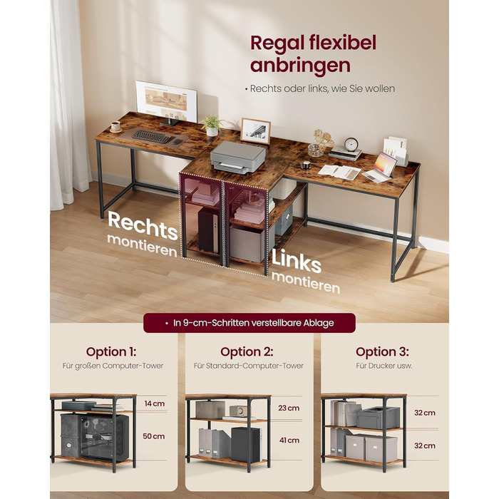 Кутовий стіл VASAGLE L-подібної форми з полицею, для офісу та дому, 110 x 80 см, vintage brown