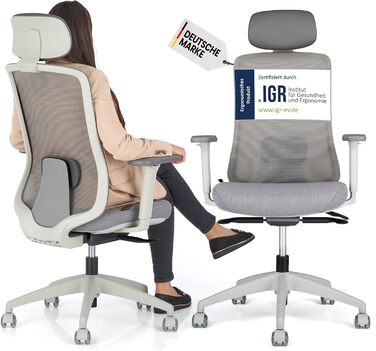 Ергономічне крісло Schekka® для офісу - індивідуальне налаштування, підтримка голови та попереку, 3D підлокітники, дихаюча сітка, 150 кг, світло-сірий/м'ятний колір. З підголовником