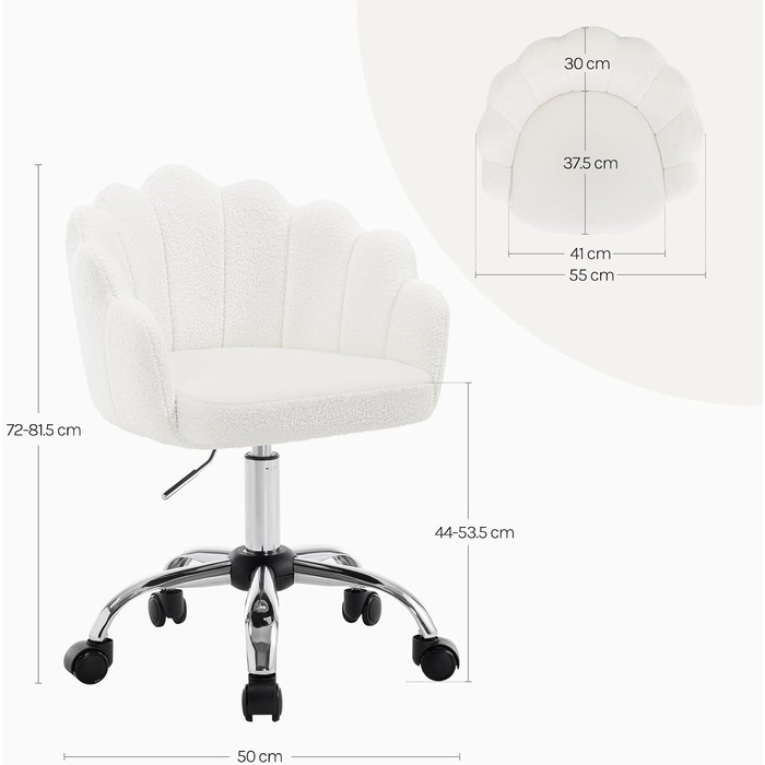 Крісло WOLTU для офісу та дому, крісло до туалетного столика з м'якою спинкою у вигляді пелюсток, поворотне з колесами, регульоване по висоті, для робочого кабінету, спальні, (кремово-білий, кашеміровий матеріал)