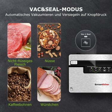 Вакууматор Bonsenkitchen для продуктів, потужний вакуумний пакувальник з 5 режимами, 8 л/хв, сріблястий (комплект: 5 пакетів та 1 рулон)