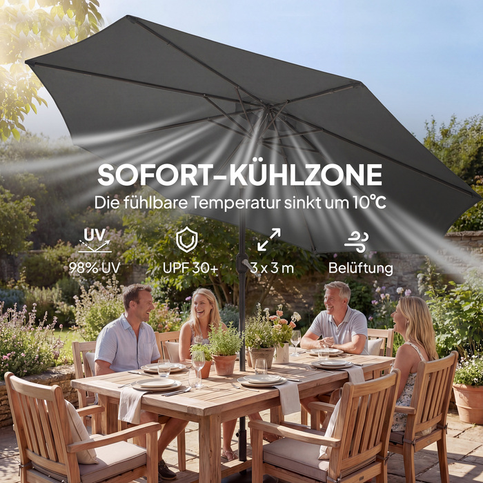 Сонячний парасолька приблизно Ø300 см, регульована, балконний парасолька з ручним механізмом, хрестовина, мішок з піском, захист від ультрафіолету 30+, з можливістю згортання, темно-сірий