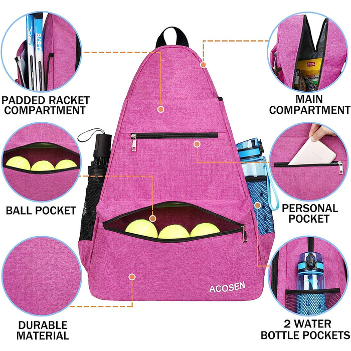 Тенісний рюкзак Acosen-жіночі та чоловічі великі тенісні сумки для тенісних ракеток, ракеток для піклболу, ракеток для бадмінтону, ракеток для сквошу, м'ячів та інших аксесуарів (рожевого кольору)