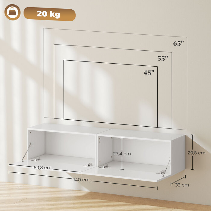 Настінна тумба під телевізор, підвісна комода з великою полицею та місцем для зберігання, ДСП, білий