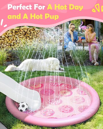 Басейн для собак Peteast для великих і маленьких собак і дітей 59 складна спринклерна площадка для бризок, протиковзка іграшка для води для собак товщиною 0,58 мм, екологічно чиста, довговічна (67 дюймів, рожевий пончик)