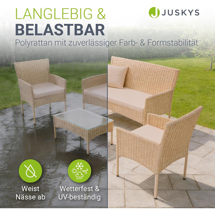 Садовий набір меблів Juskys Fort Myers з ротангу (кремовий) на 4 особи: диван, 2 крісла, стіл, подушки - вуличні меблі для балкона та саду