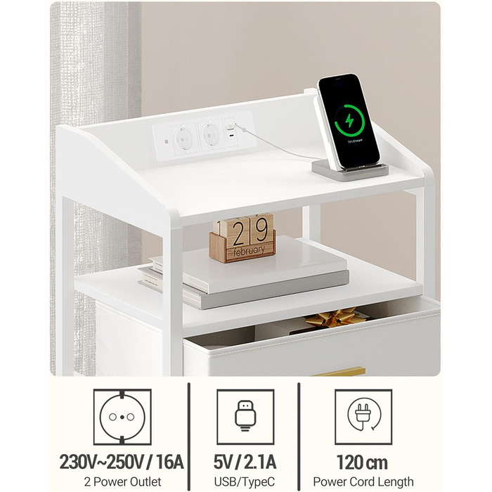 Приліжкова тумба з LED-підсвіткою, USB і розетками, 3 текстильні шухляди, полиці, для спальні та вітальні, біла NS31013W