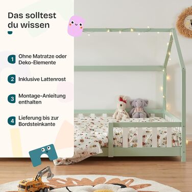 Дитяче ліжко Sisimiut Hausbett Montessori від en.casa з бар'єром безпеки. Дерев'яне ліжко для дітей, ліжко-платформа, сосна, світло-сірий/білий, 140 x 200 см (без матрацу)