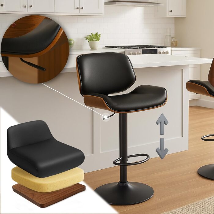 Барний стілець CLP Beverley з штучної шкіри, регульована висота та поворот, дерев'яний табурет з підніжкою, колір: горіх/чорний