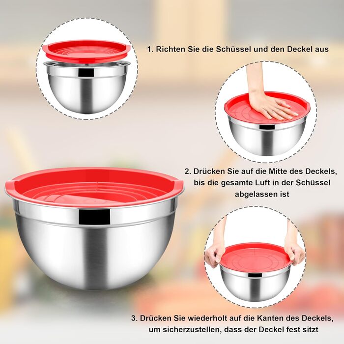 Набір мисок Homikit, 5 шт. з нержавіючої сталі, з кришкою та силіконовим дном, мультифункціональний, для салатів, 6.6L / 3.5L / 2.5L / 1.5L / 1L (червоний, з 3 тертками)