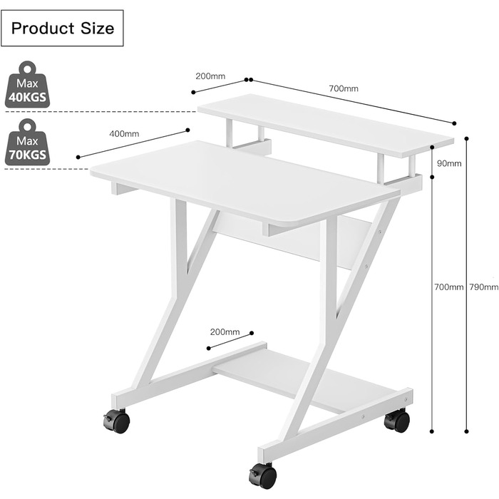 Подібний комп'ютерний стіл на колесах, мобільний столик для ноутбука з невеликими полицями для кімнати, 70x60x79см (білий)