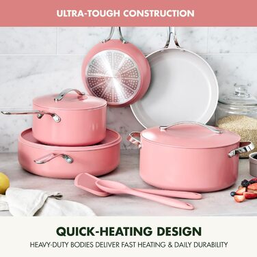 Набір кухонного посуду GreenPan Nova 10 предметів: каструлі, сковороди, кришки, аксесуари. Без PFAS, керамічне антипригарне покриття, колір Коралл