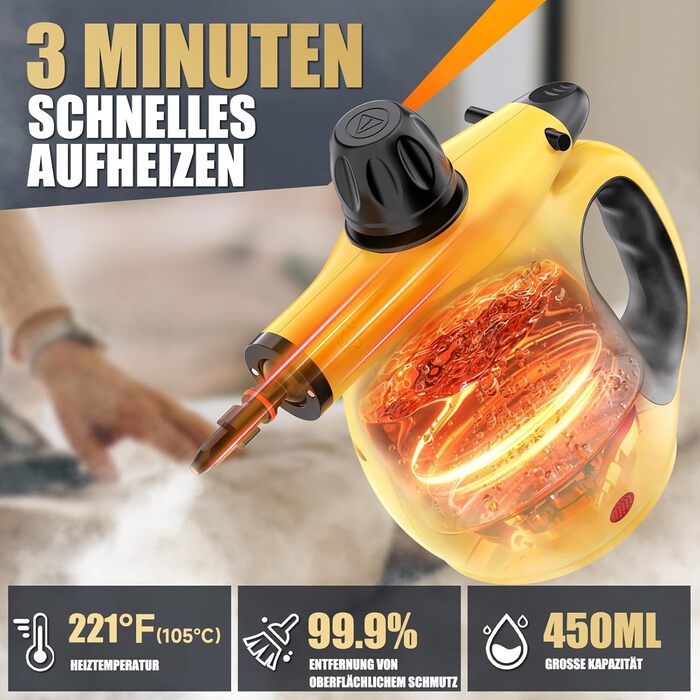 Портативний пароочисник 450 мл з 10 насадками та блокуванням безпеки. Швидкий нагрів. Універсальний пароочисник для дому, авто, кухні та підлоги.