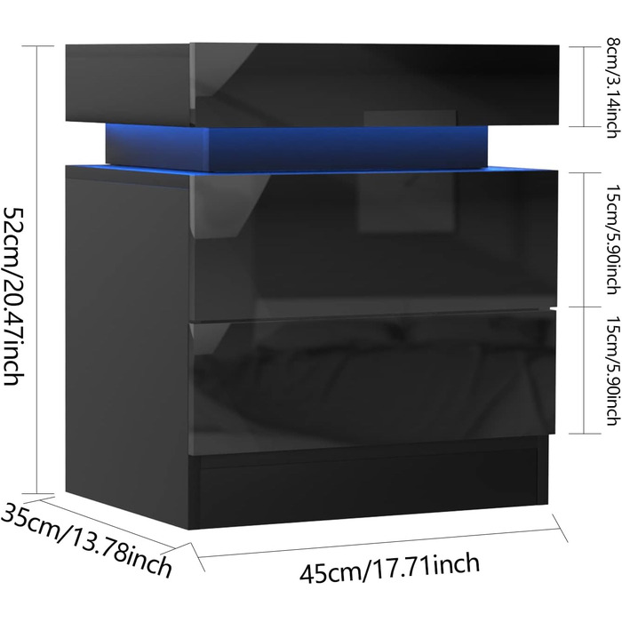 Тумбочка PIPIPOXER чорна з LED, 16 кольорів, 2 шухляди, глянець, 45x35x52см