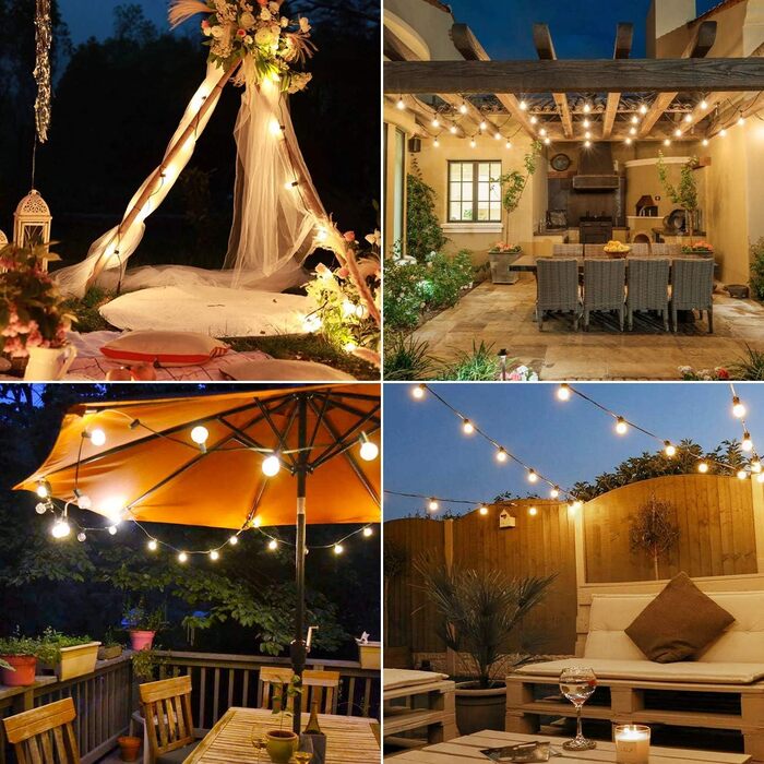 Сонячна гірлянда для вулиці Litogo з 25+2 лампочками G40, 8 режимів, диммування, пульт ДУ, тепле світло, для балкона, саду, тераси (UK Plug)