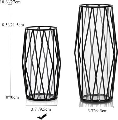 Ваза для пампасної трави, скляна ваза Ваза з високим дном з геометричною металевою підставкою, квітковий горщик в скандинавському стилі для прикраси столу, офісу, весільного прикраси, висотою 27 см (маленький, чорний)