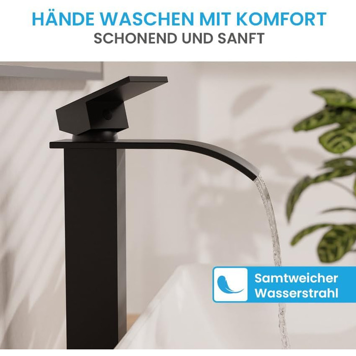 Змішувач для ванної кімнати Bächlein Tamina з водоспадним дизайном, однорідний, з довговічною керамічною картриджі та монтажним комплектом, чорний мат