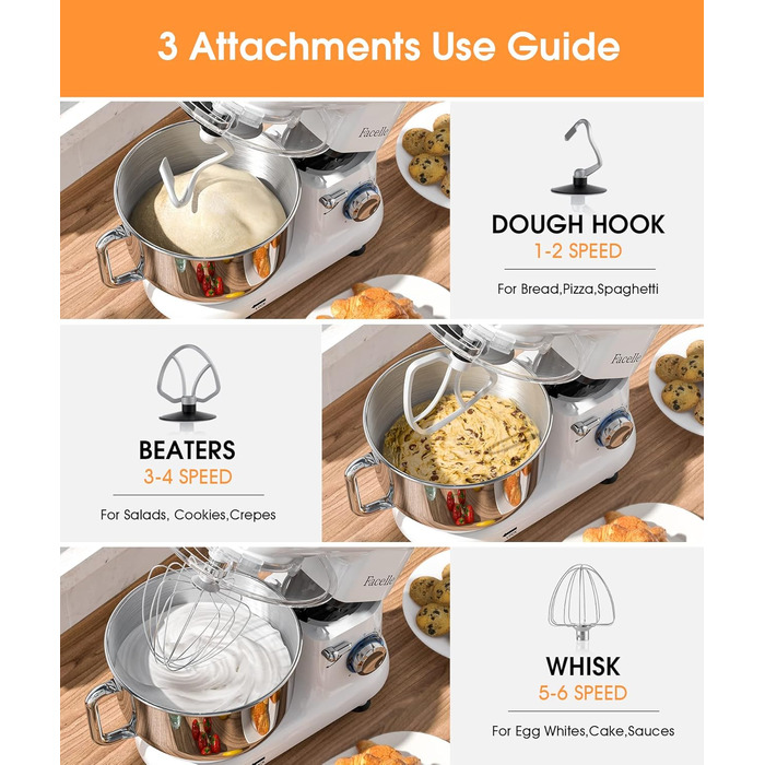Кухонна машина Facelle 1500W з нержавіючою чашею 6.2 л, 6 швидкостей, міксер для тіста, планетарний міксер