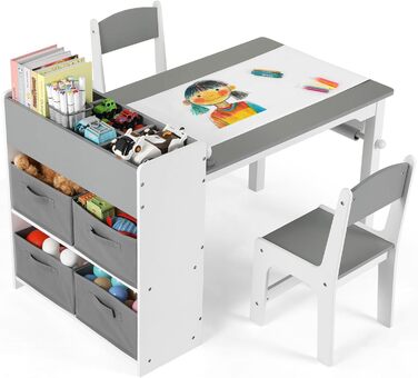 Дитячий стіл Mamizо з 2 стільцями, стіл для малювання та рукоділля, комплект меблів у дитячу кімнату, ігровий стіл з місцем для зберігання для дітей від 3 років (сірий, білий)