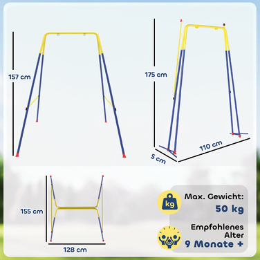Складана рама для гойдалки з А-подібною основою, 2 гачки, 4 анкерні болти для фіксації на землі, призначена для дітей від 9 місяців до 8 років, розміром 128x155x157 см, блакитного кольору.