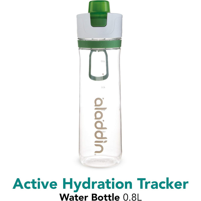 Пляшка для води Aladdin Active Hydration Tracker Sport 0.8 л - Керування однією рукою Герметична кришка - Функція поповнення - Без бісфенолу А - Гладкий носик - Ремінець для перенесення пальців - Можна мити в посудомийній машині (зелений)