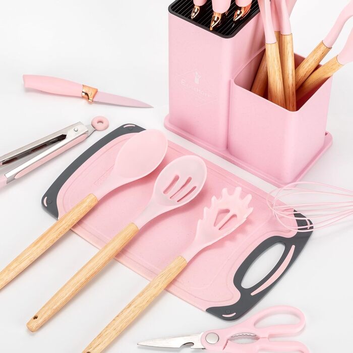 Набір кухонних ножів EliteHoff 19 предметів: 5 ножів, 12 аксесуарів, дошка та підставка – з нержавіючої сталі, з дерев'яними ручками, безпечний, для кухні, чорний (E-6072)