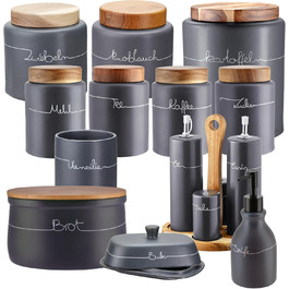 Контейнер для зберігання KHG, кераміка, сірий антрацит з дерев'яним кришкою, 4 кг, круглий, з маркуванням, набір, висота 28 см