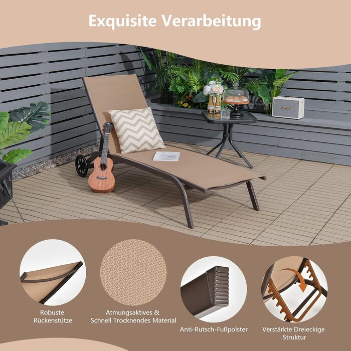 Шезлонг для саду та відпочинку COSTWAY з регульованою спинкою та тканиною, що швидко сохне, коричневий, до 150 кг