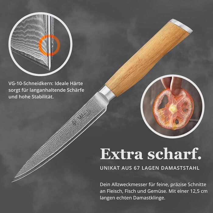 Ніж кухарський Wakoli з дамаської сталі (серцевина VG10), 20 см – гострий та збалансований – ніж з ручкою з оливкового дерева в подарунковій коробці – кухонний ніж Damask для професіоналів та любителів (універсальний)