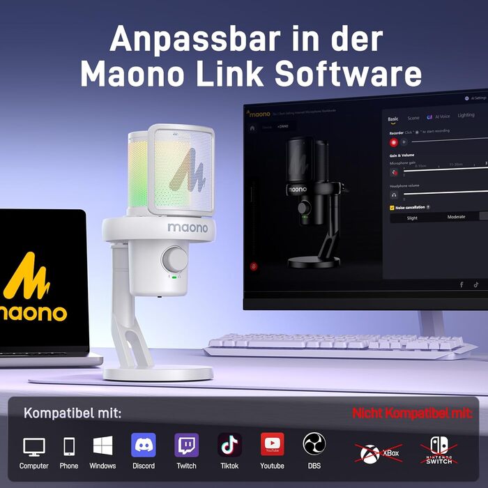 MAONO DM40 Бездротовий мікрофон для ПК з RGB-підсвіткою та ШІ-зміною голосу, шумозаглушення, для геймінгу, подкастингу та стрімінгу