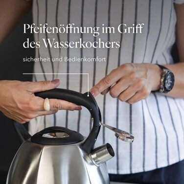 Чайник FLORINA Fenny Satin Induktion 2.5L з флейтою, нержавіюча сталь, Cool-Touch, сучасний дизайн, срібний (Dakota)