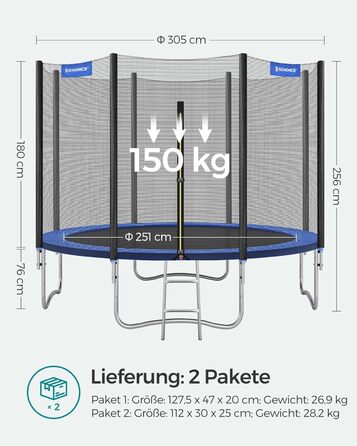 Батут SONGMICS садовий Ø305 см з захисною сіткою, драбиною та м'якими стійками, блакитний