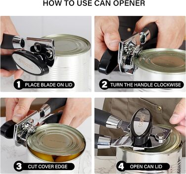 Ручний відкривач для банок QMVESS, нержавіюча сталь, безпечні краї, протиковзкий, з відкривачем для скляних пляшок (чорний)