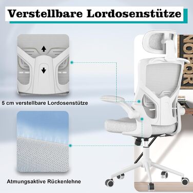 Ергономічне крісло для офісу з регульованою підголівником та поперековою підтримкою – високе офісне крісло з сітчастою спинкою та м'яким сидінням, вішалка для одягу та функцією блокування (білий та сірий)