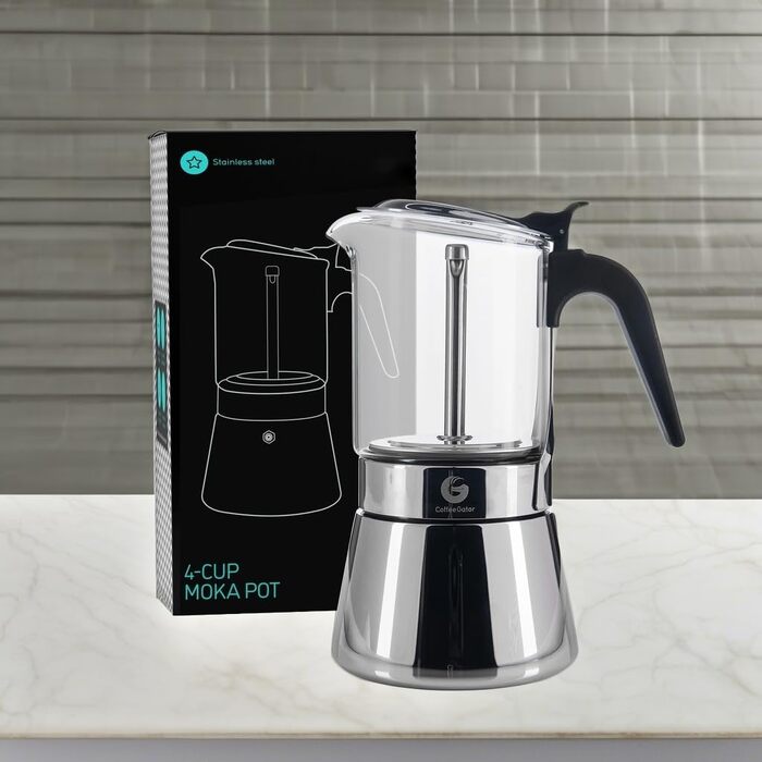 Кавоварка Espresso Gator для плити, мока-кавоварка з прозорого скла, 9 чашок (450 мл), нержавіюча сталь, 4 чашки/200 мл