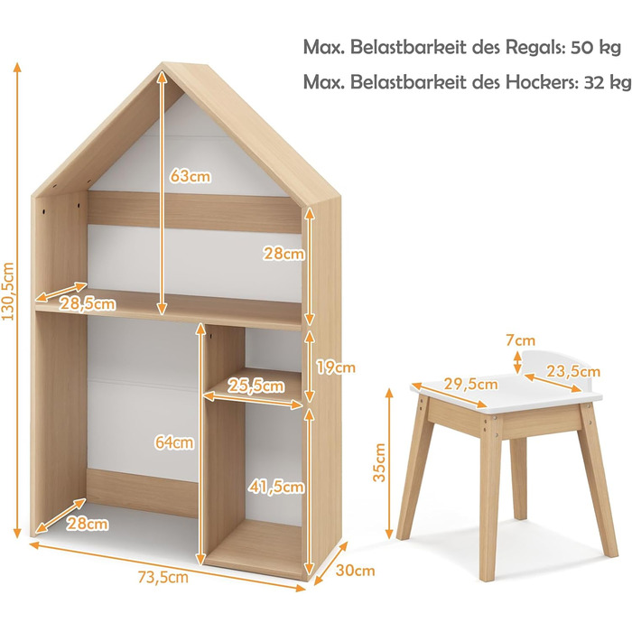 Дерев'яна дитяча полиця DREAMADE з відкритими полицями, дитяча книжкова шафа з табуреткою, полиця для іграшок, універсальні дитячі меблі, дитячий стіл зі стільцем у формі будиночкадля дитячих кімнат