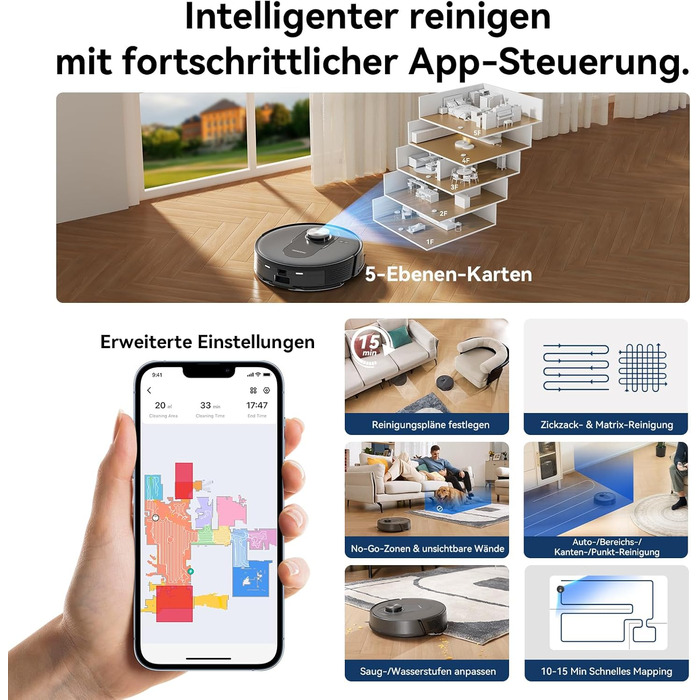 Робот-пилосос Proscenic Q10 з функцією миття, 8000Pa, 200 хвилин роботи, лазерна навігація, керування через додаток, Alexa, Siri, Apple Watch, для підлоги та килима (сірий)