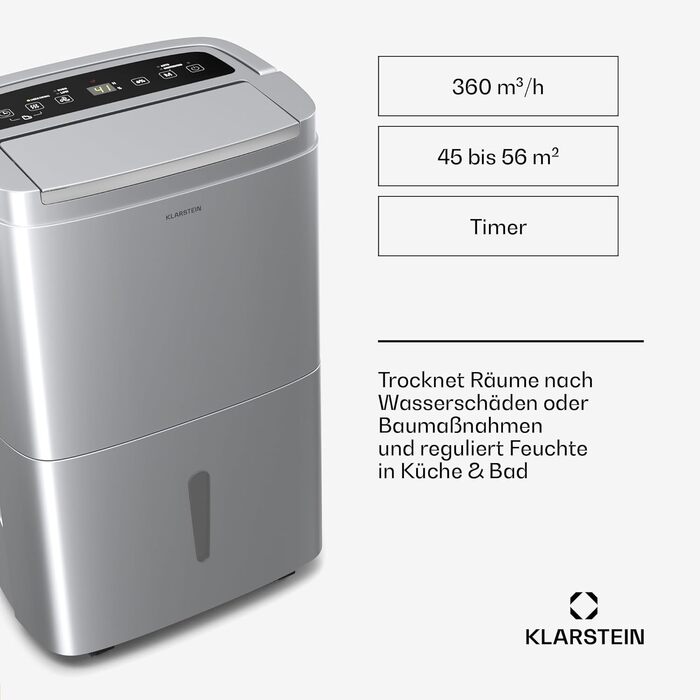 Електричний осушувач повітря Klarstein DryFy 20L - 400W, 20л/день, 5л бак, 46dB, Auto-Swing, таймер, режим сушіння білизни, для дому та офісу, білий