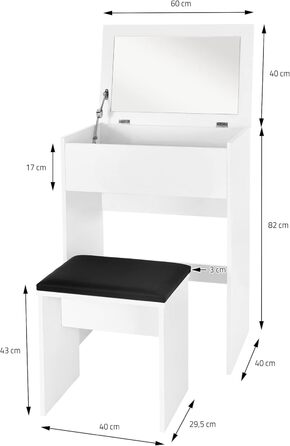 Туалетний столик з табуретом ML-Design, туалетний столик з дзеркалом, 60x40x122 см, білий, Сучасний, Розкладне дзеркало